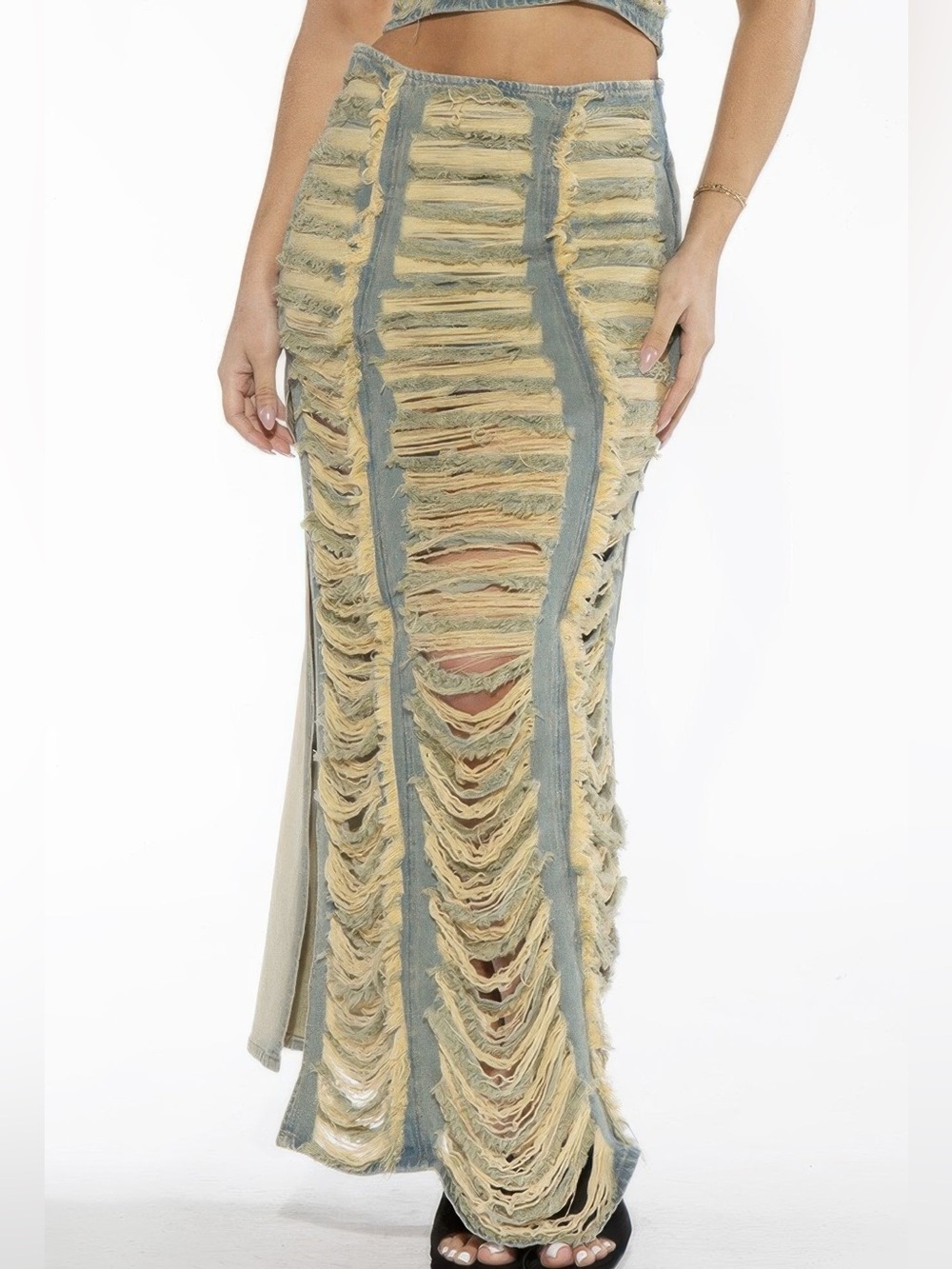 Extreme Shredded Distressed Denim Maxi Skirt